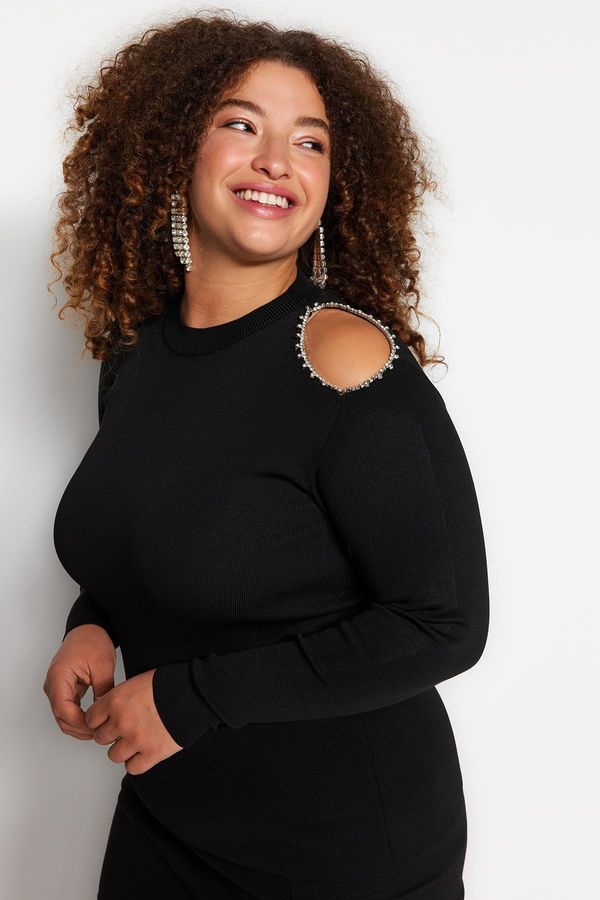 Trendyol Trendyol Curve Black Stand Up Collar Straight Bodycone Single Plate Knitwear Plus Size Blouse