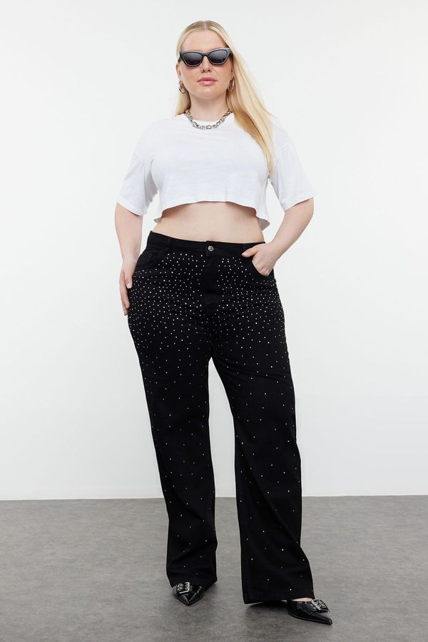 Trendyol Trendyol Curve Black Stone Detailed High Waist Wide Leg Jeans