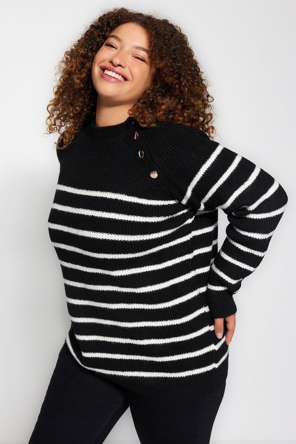 Trendyol Trendyol Curve Black Striped Gold Button Detailed Knitwear Sweater