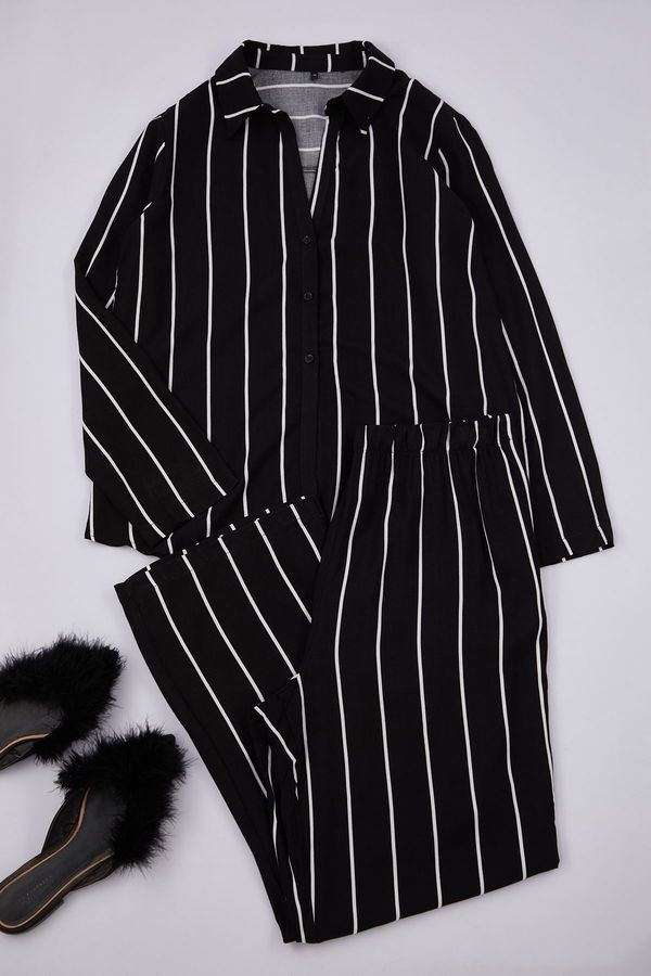 Trendyol Trendyol Curve Black Striped Shirt with Slit Collar Leg Woven Pajama Set