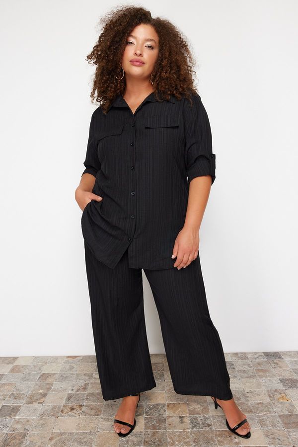 Trendyol Trendyol Curve Black Textured Button-Woven Shirt-Pants Plus Size Bottom-Top Set