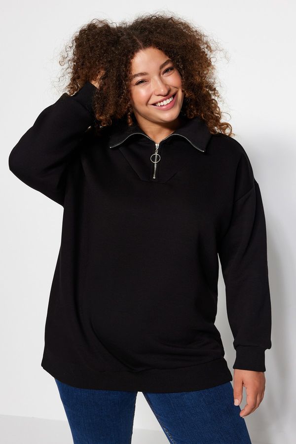Trendyol Trendyol Curve Black Thick Fleece Inside Zippered Knitted Sweatshirt
