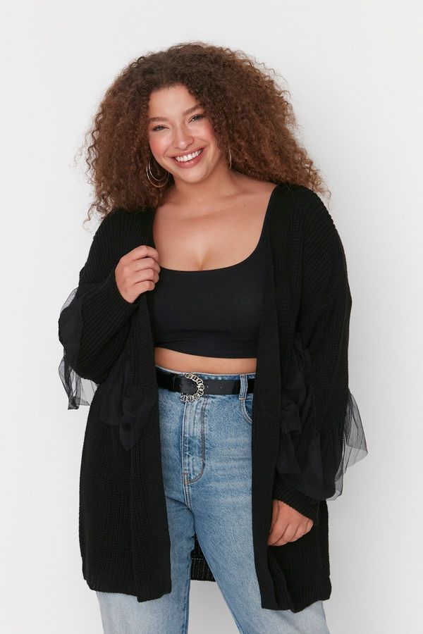 Trendyol Trendyol Curve Black Tulle Detailed Knitwear Cardigan