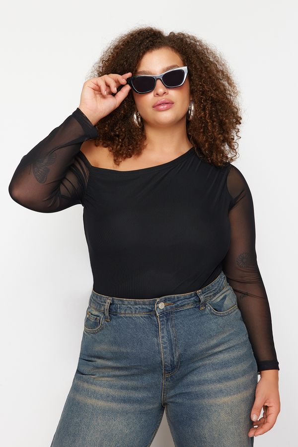 Trendyol Trendyol Curve Black Tulle Lined Asymmetric Collar Knitted Blouse