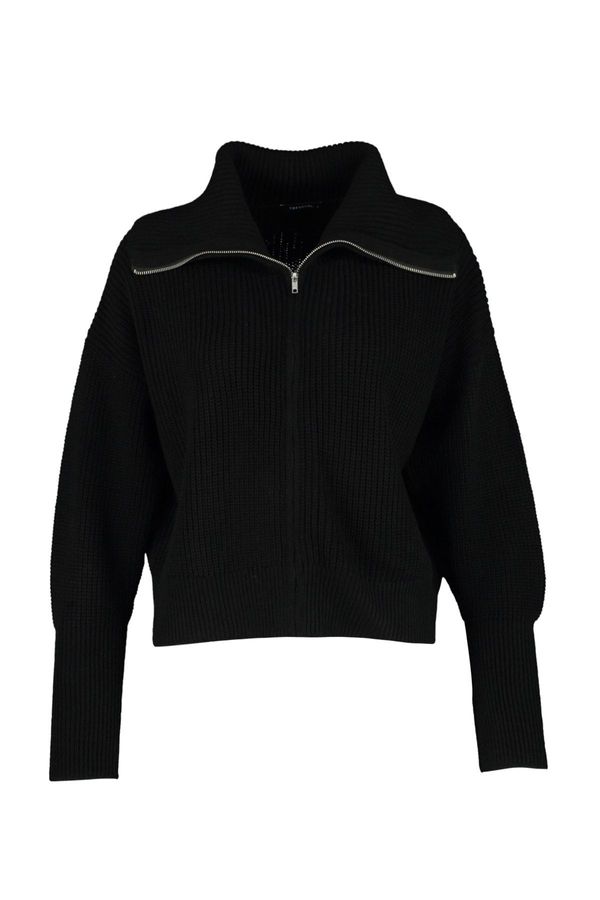 Trendyol Trendyol Curve Black Turn-down Collar Zippered Crop Knitwear Cardigan