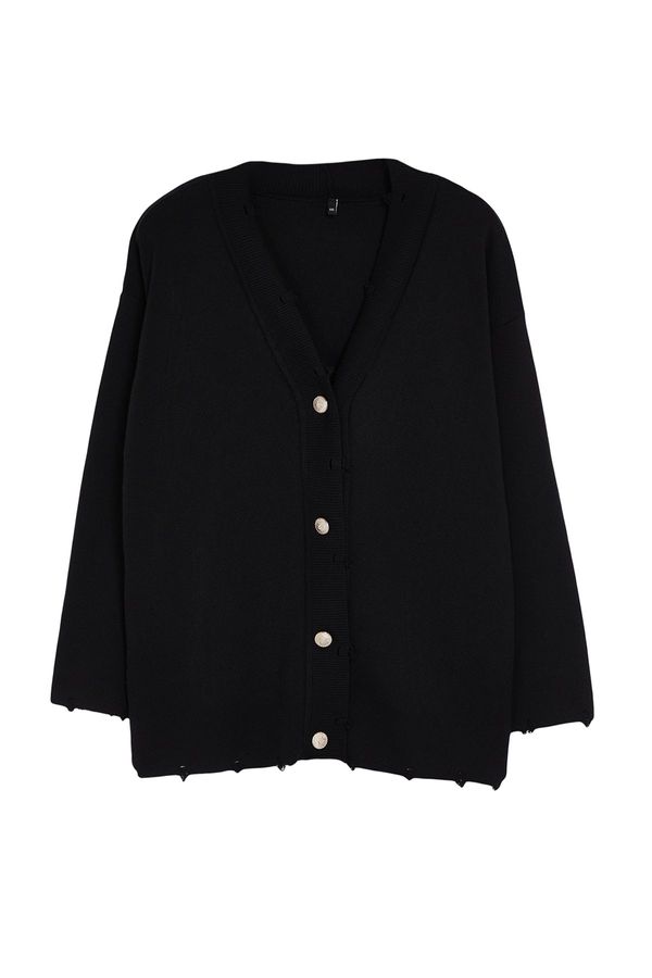 Trendyol Trendyol Curve Black V-Neck Cutout Detailed Knitwear Cardigan