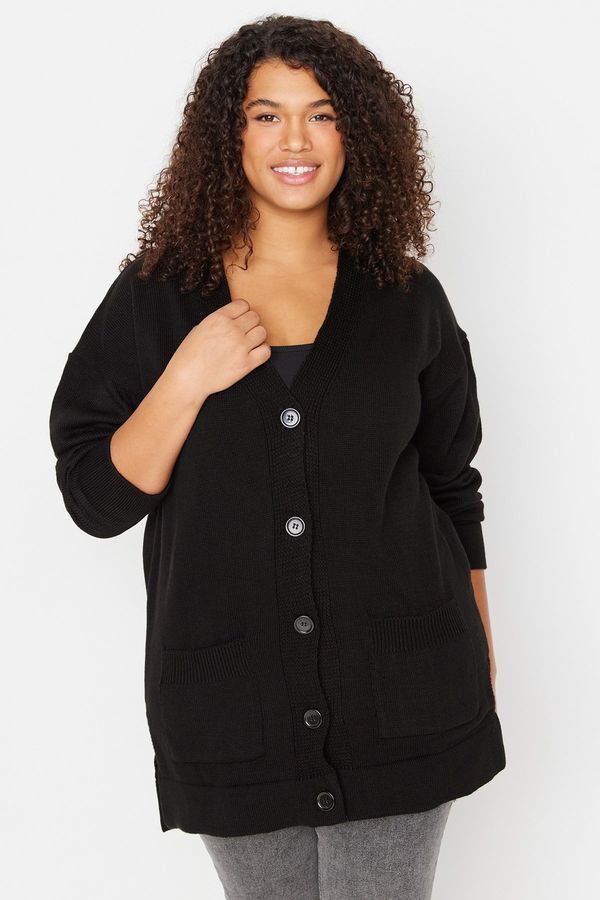 Trendyol Trendyol Curve Black V-Neck Knitwear Cardigan with Pocket