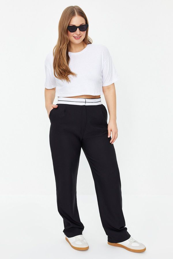 Trendyol Trendyol Curve Black Wide Leg/Wide Leg Contrast White Waist Detail Plus Size Fabric Trousers