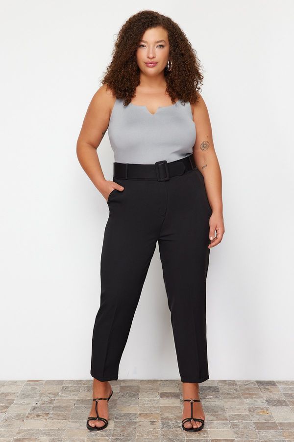 Trendyol Trendyol Curve Black Woven Belted Plus Size Fabric Trousers