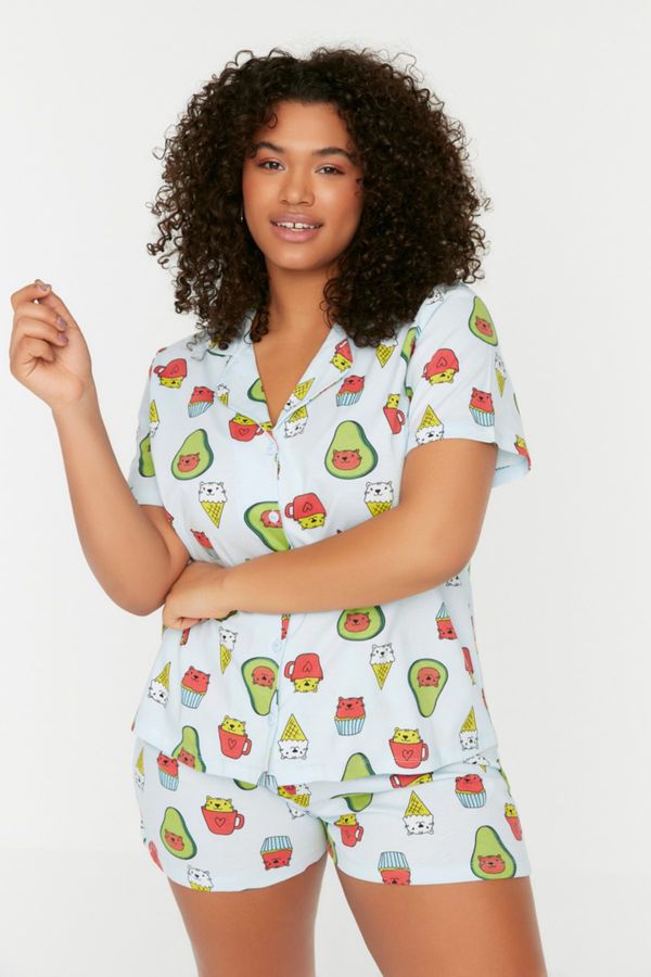 Trendyol Trendyol Curve Blue Avocado Patterned Shirt Collar Knitted Pajama Set