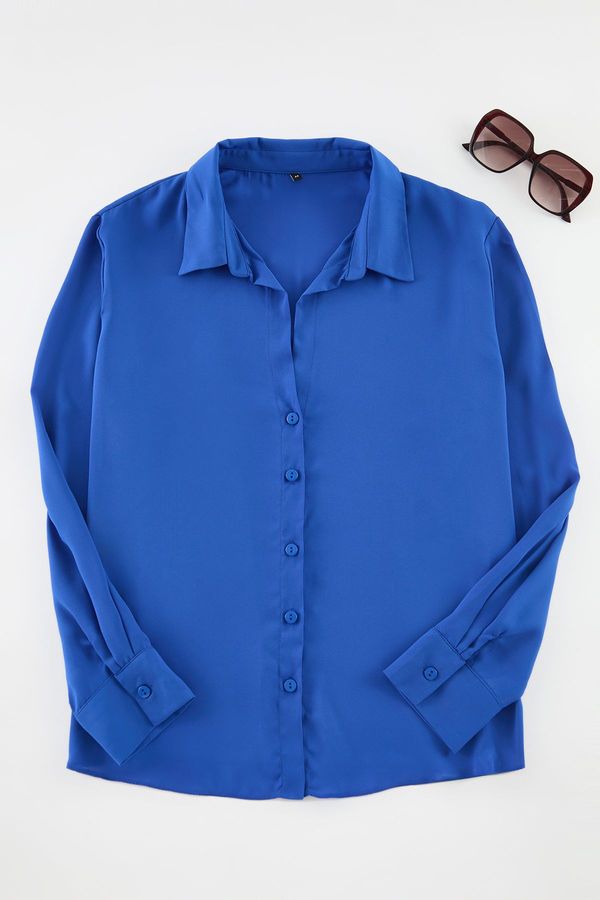 Trendyol Trendyol Curve Blue Buttoned Regular Cut Woven Plus Size Shirt