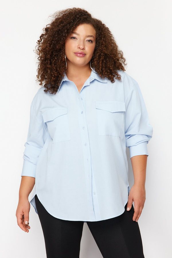 Trendyol Trendyol Curve Blue Cotton Long Sleeve Double Pocket Skirt Slit Poplin Woven Plus Size Shirt