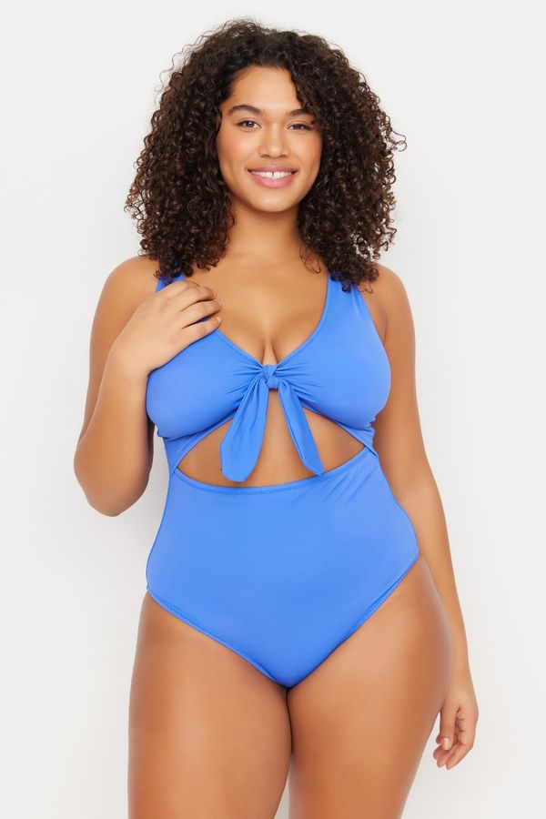 Trendyol Trendyol Curve Blue Deep V-Neck Cut-Out Tied Throw Lined Swimsuit