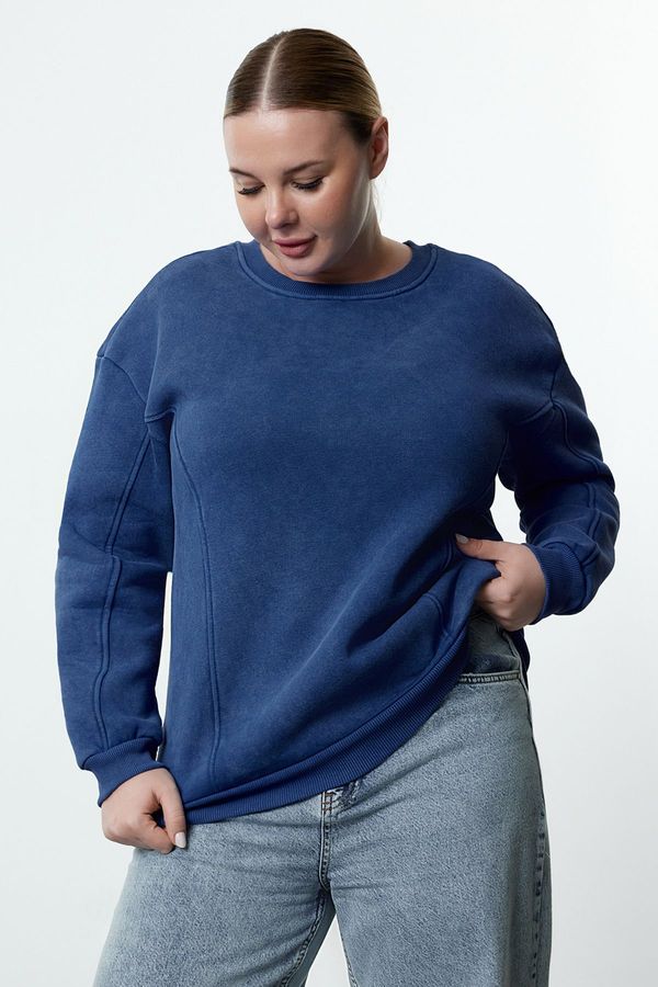 Trendyol Trendyol Curve Blue Fleece Inside Crew Neck Washable Knitted Plus Size Sweatshirt