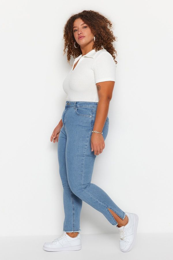 Trendyol Trendyol Curve Blue Flexible Skinny Denim Jeans with Slit and Tassel Detail