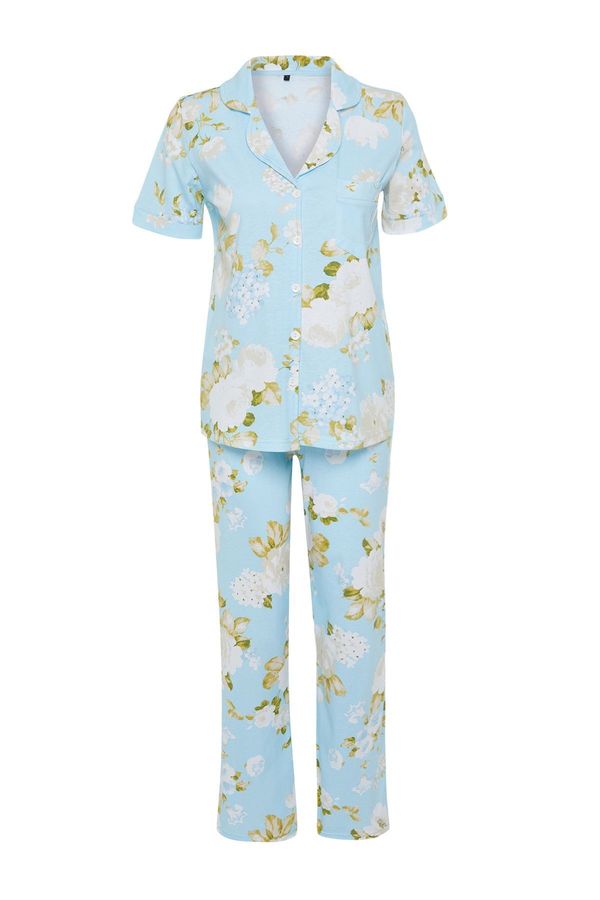 Trendyol Trendyol Curve Blue Floral Patterned Shirt Collar Knitted Pajama Set