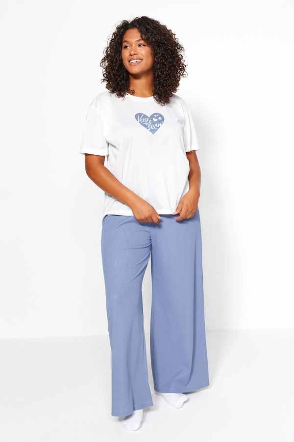 Trendyol Trendyol Curve Blue Heart Pattern Ribbed Knitted Pajamas Set