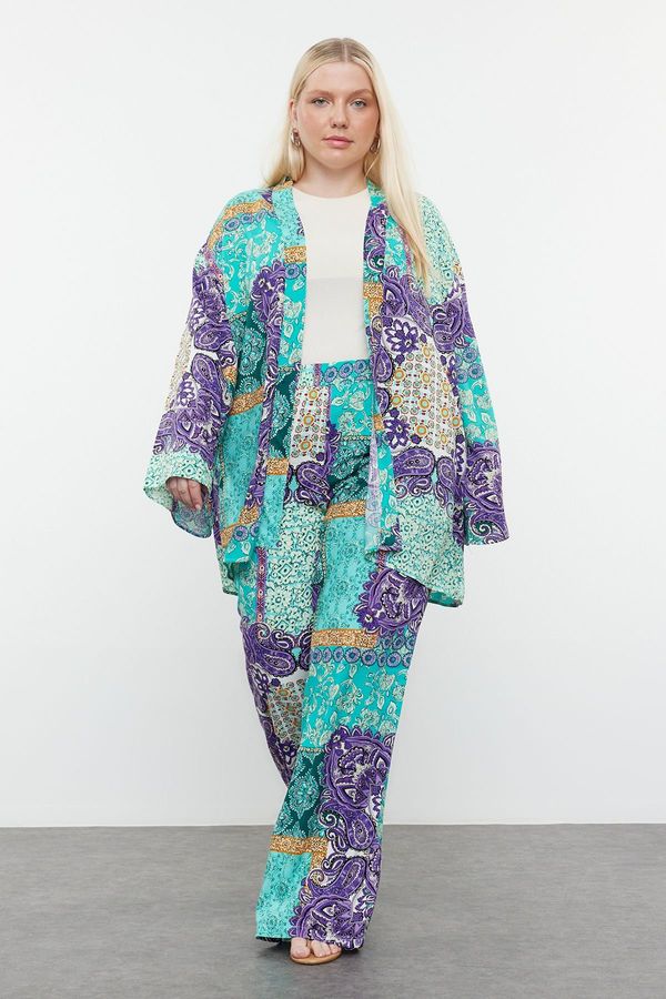 Trendyol Trendyol Curve Blue Large Size Shawl Pattern Kimono and Wide Leg Viscose Bottom and Top Set