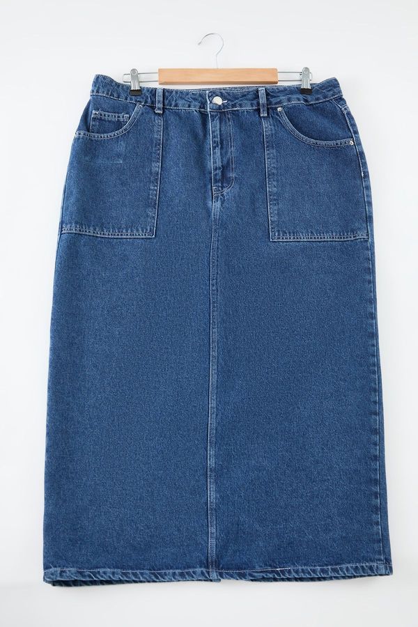 Trendyol Trendyol Curve Blue More Sustainable Pocket Detail Plus Size Midi Denim Skirt