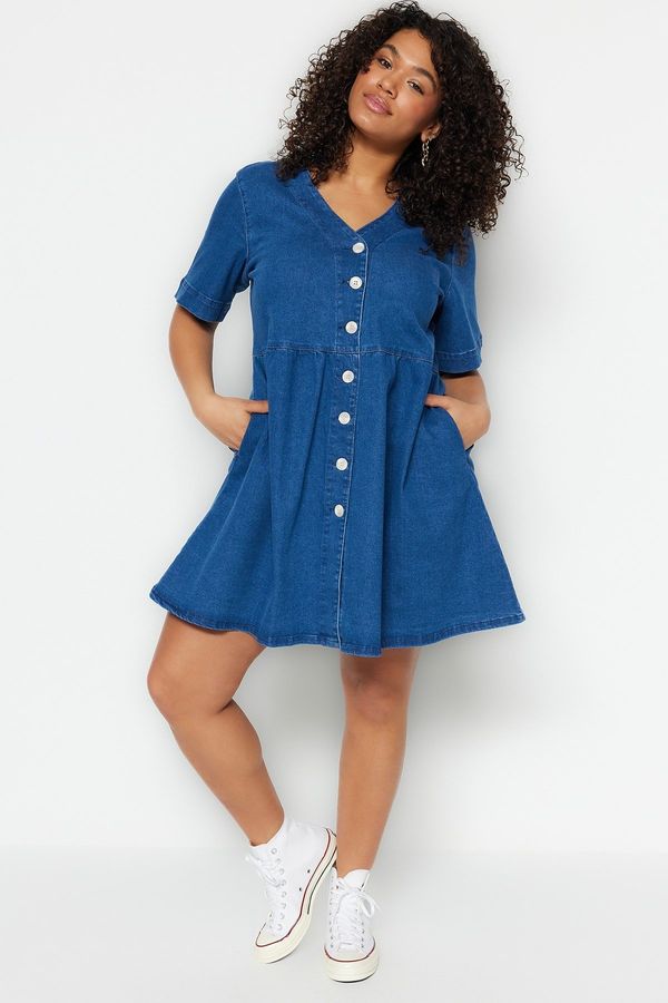 Trendyol Trendyol Curve Blue Open Waist/Skater V-Neck Denim Dress