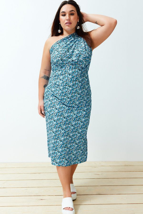 Trendyol Trendyol Curve Blue Printed, Fitted, One-Shoulder Asymmetric Gathering and Degaje Detailed Knitted Dress