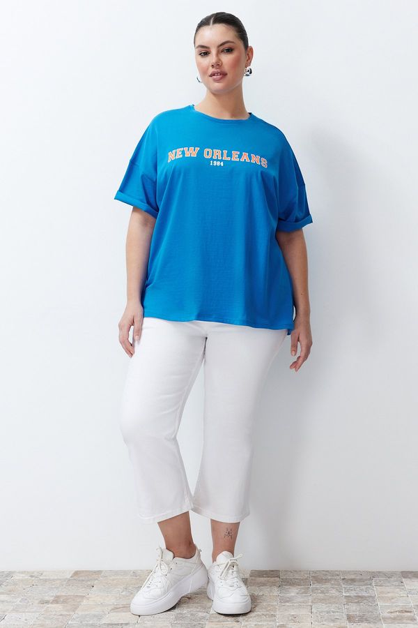 Trendyol Trendyol Curve Blue Printed Oversize Knitted T-shirt