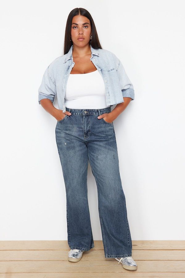 Trendyol Trendyol Curve Blue Ripped High Waist Wide Leg Jeans