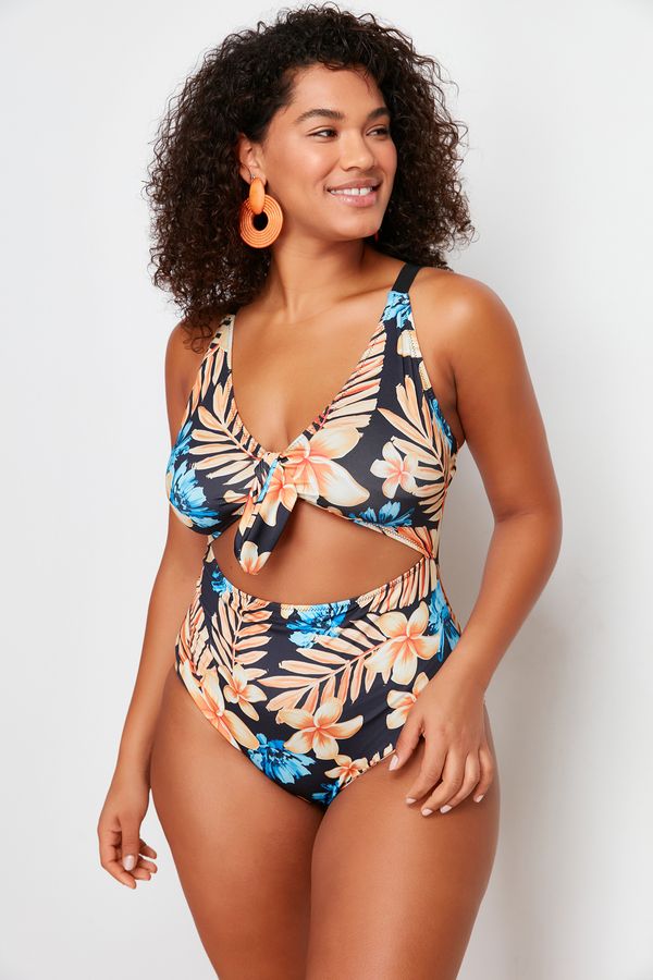 Trendyol Trendyol Curve Blue Tropical Patterned Swimsuit with Tie Detail and Slimming Effect