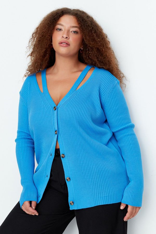 Trendyol Trendyol Curve Blue V-Neck Band Detailed Buttoned Knitwear Cardigan