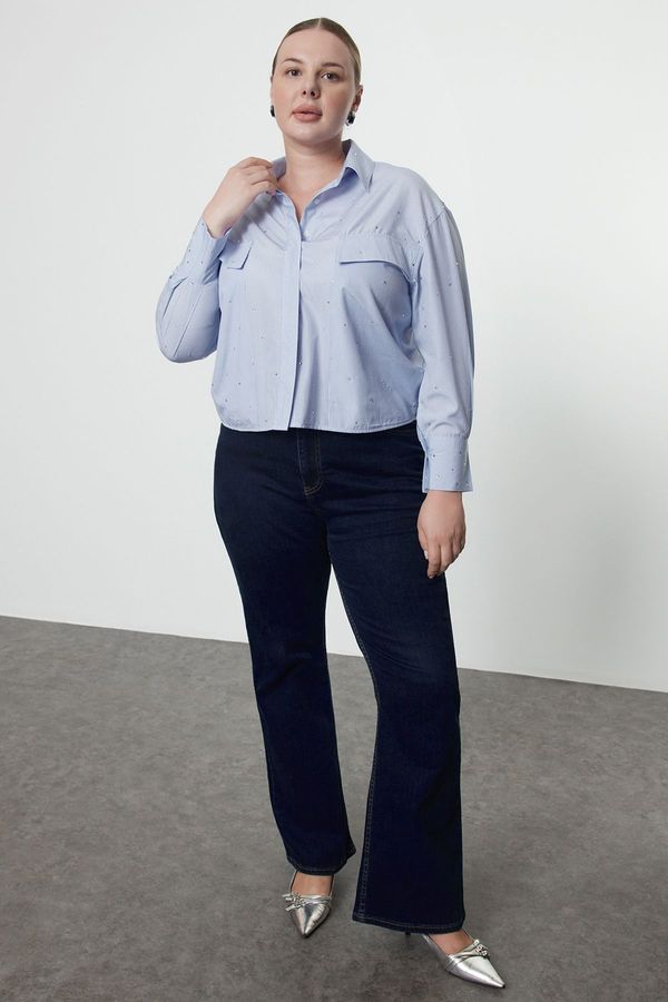 Trendyol Trendyol Curve Blue-White Striped Stone Embroidered Pocket Plus Size Woven Shirt