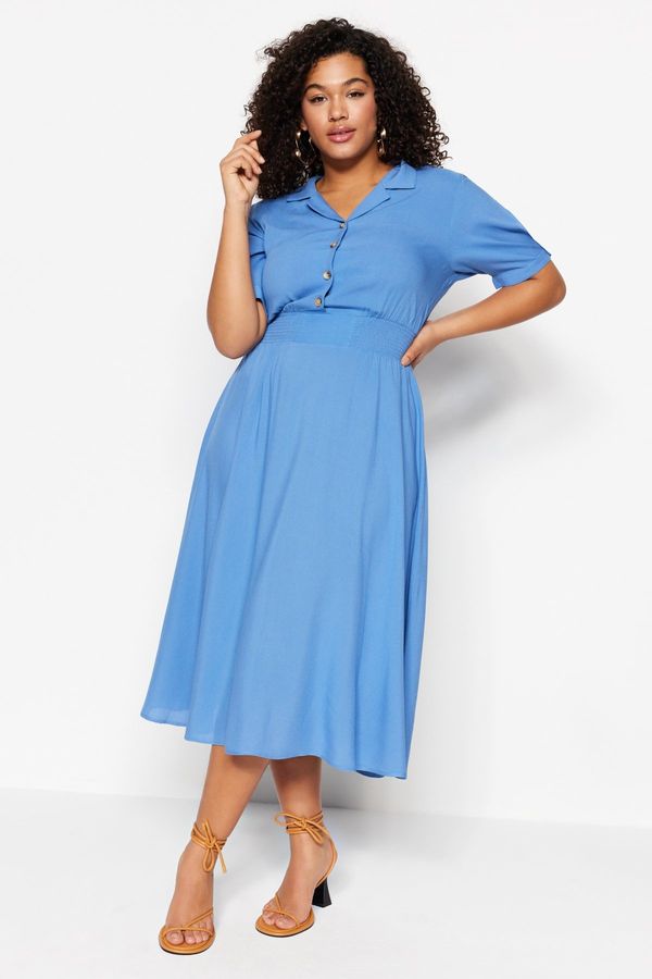 Trendyol Trendyol Curve Blue Woven Elastic Waist and Button Detailed Dress
