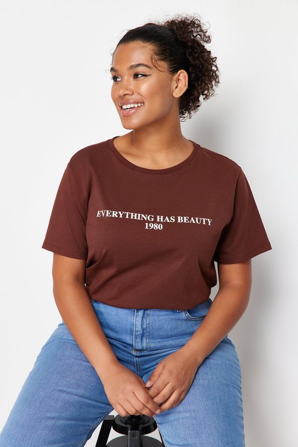 Trendyol Trendyol Curve Brown 100% Cotton Motto Printed Relaxed/Wide Comfort Fit Knitted T-Shirt