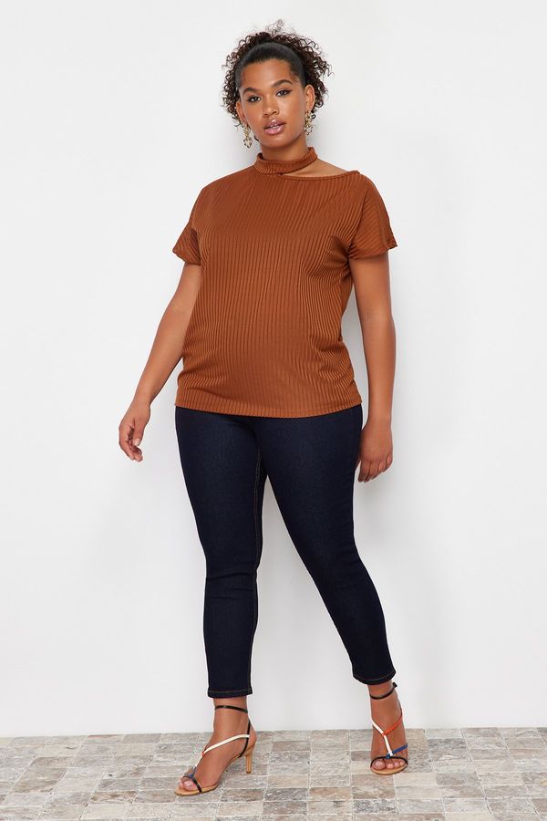 Trendyol Trendyol Curve Brown Camisole Knitted Plus Size Blouse