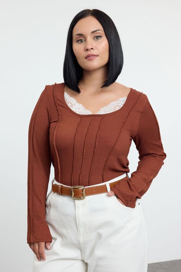 Trendyol Trendyol Curve Brown Collar Lace Detailed Knitted Plus Size Blouse