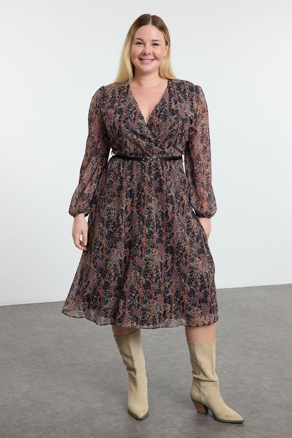 Trendyol Trendyol Curve Brown Floral Belted A-Line Midi Double Breasted Patterned Chiffon Woven Dress