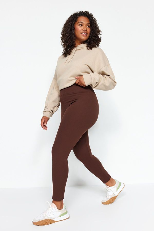Trendyol Trendyol Curve Brown High Waist Polar Fleece Ribbed Knit Plus Size Leggings