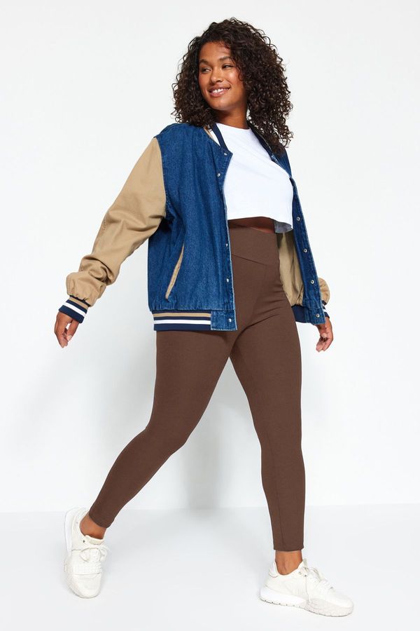Trendyol Trendyol Curve Brown High Waist Ribbed Knit Plus Size Leggings