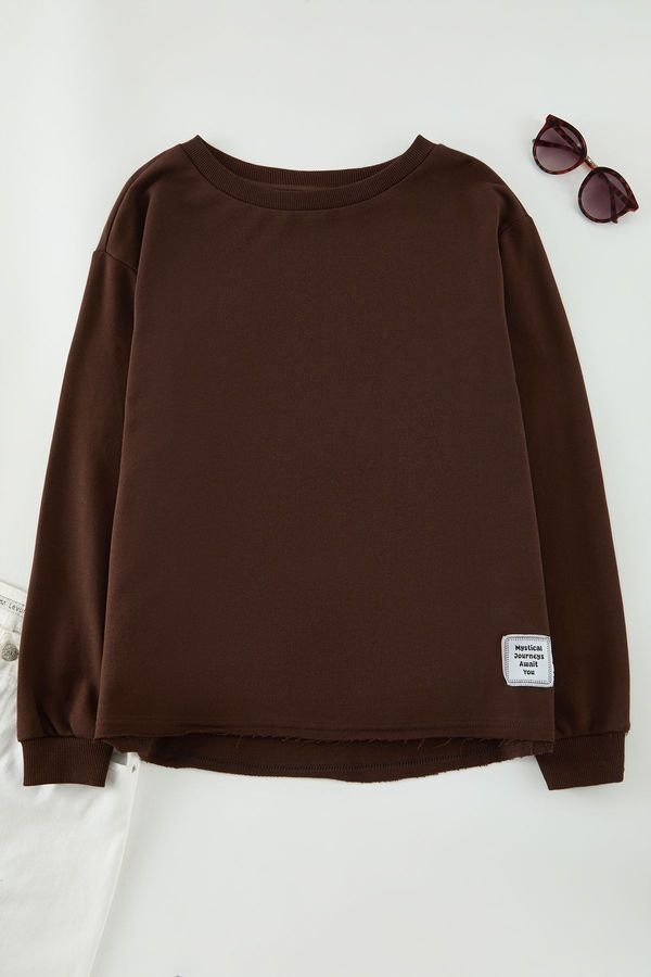 Trendyol Trendyol Curve Brown Regular/Normal Pattern Crew Neck Knitted Plus Size Sweatshirt