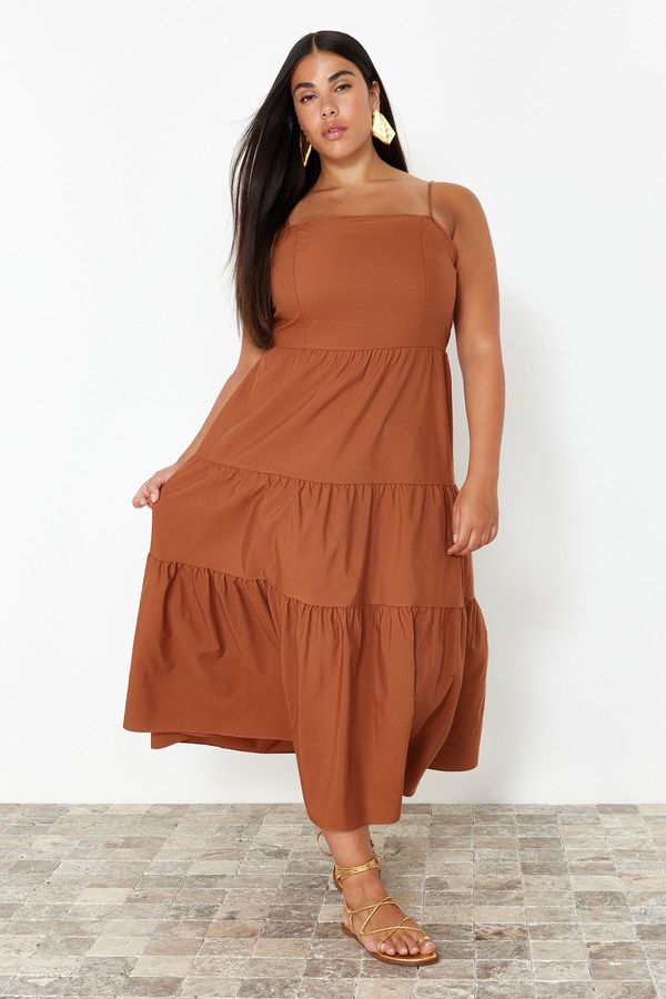 Trendyol Trendyol Curve Brown Relaxed Adjustable Strap Long Woven Plus Size Dress