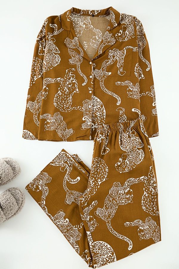 Trendyol Trendyol Curve Brown Shirt Collar Shirt Collar Tiger Patterned Woven Pajama Set