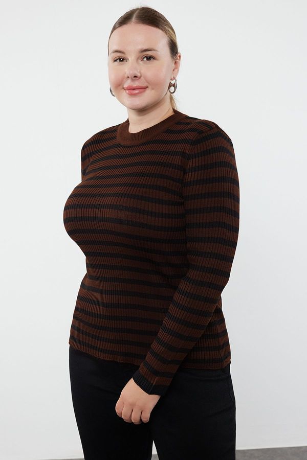 Trendyol Trendyol Curve Brown Striped Ribbed Body-hugging Knitted Sweater