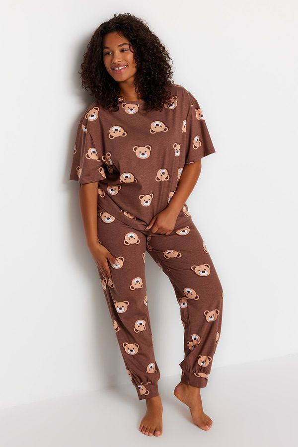 Trendyol Trendyol Curve Brown Teddy Bear Pattern Knitted Pajamas Set