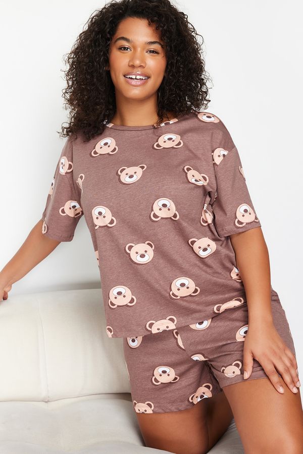 Trendyol Trendyol Curve Brown Teddy Bear Printed Cotton Knitted Pajamas Set
