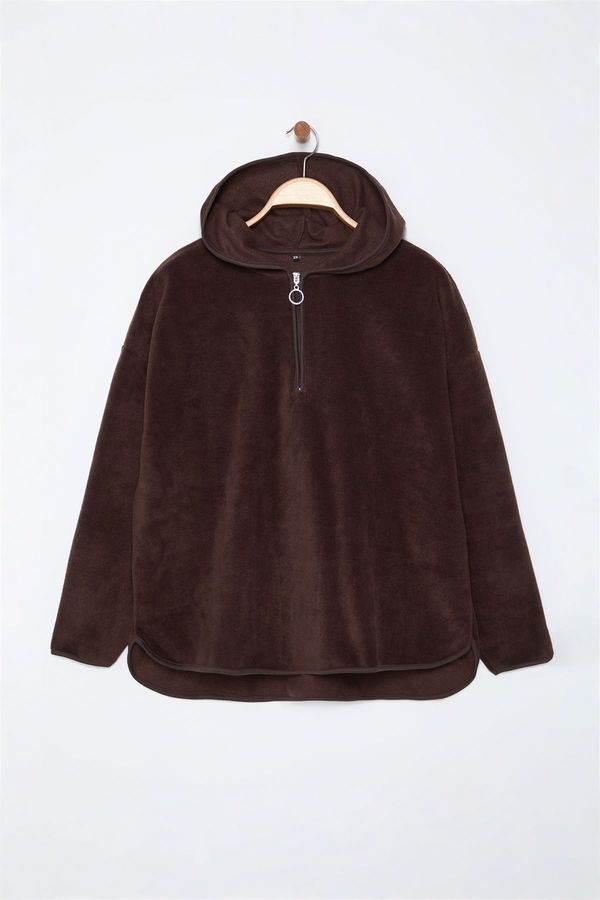 Trendyol Trendyol Curve Brown Thick Fleece Hooded and Zippered Oversize/Wide Pattern Knitted Sweatshirt