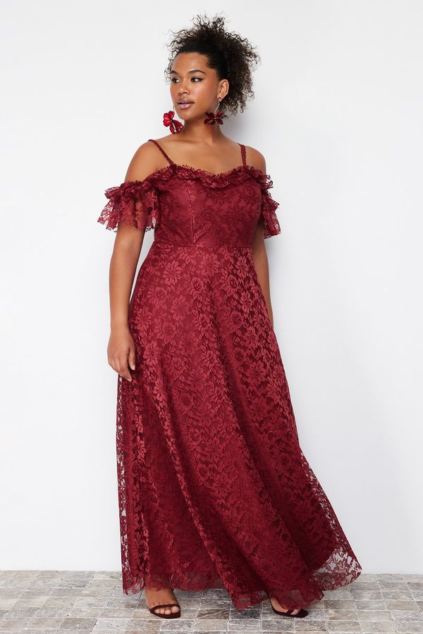 Trendyol Trendyol Curve Burgundy Lace and Guipure Woven Evening Dress