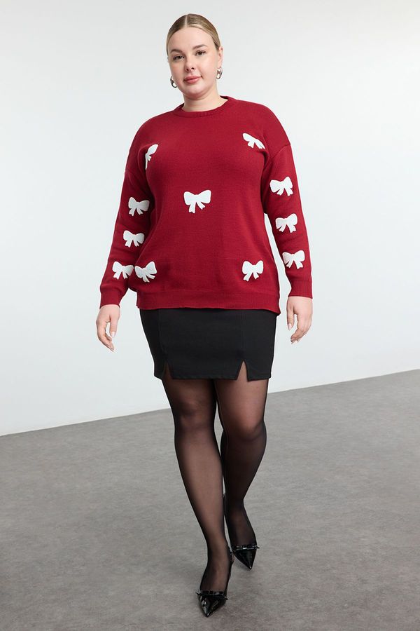 Trendyol Trendyol Curve Burgundy Ribbon/Bow Embroidered Knitwear Sweater