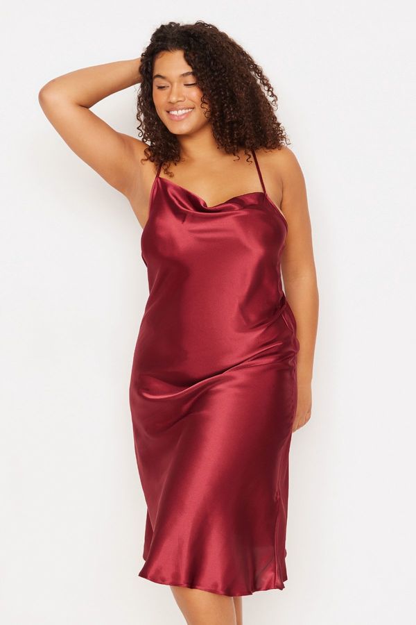 Trendyol Trendyol Curve Burgundy Strappy Satin Woven Back Detailed Nightshirt