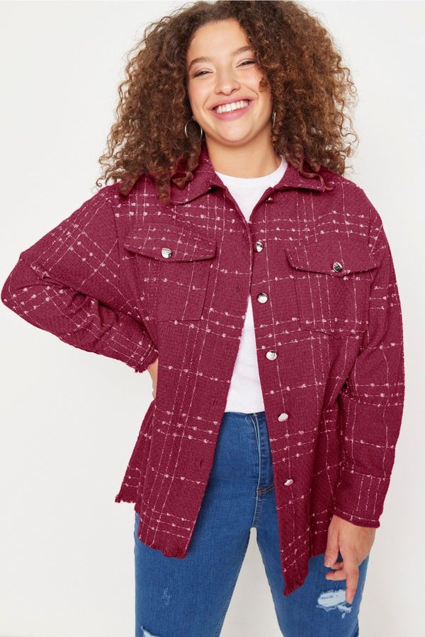 Trendyol Trendyol Curve Burgundy Tweed Plaid/Checked Pocket Woven Plus Size Shirt