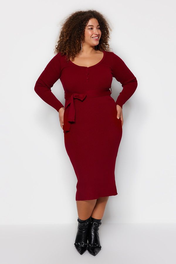 Trendyol Trendyol Curve Burgundy Waist Tie Detailed Buttoned Knitwear Dress