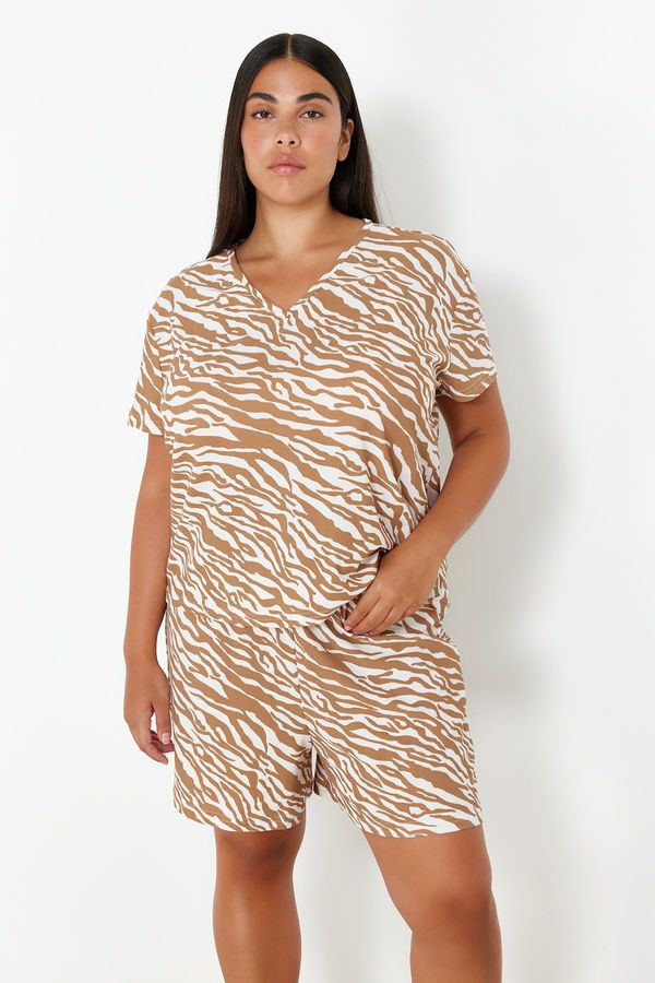 Trendyol Trendyol Curve Camel Animal Patterned V-Neck Knitted Pajama Set